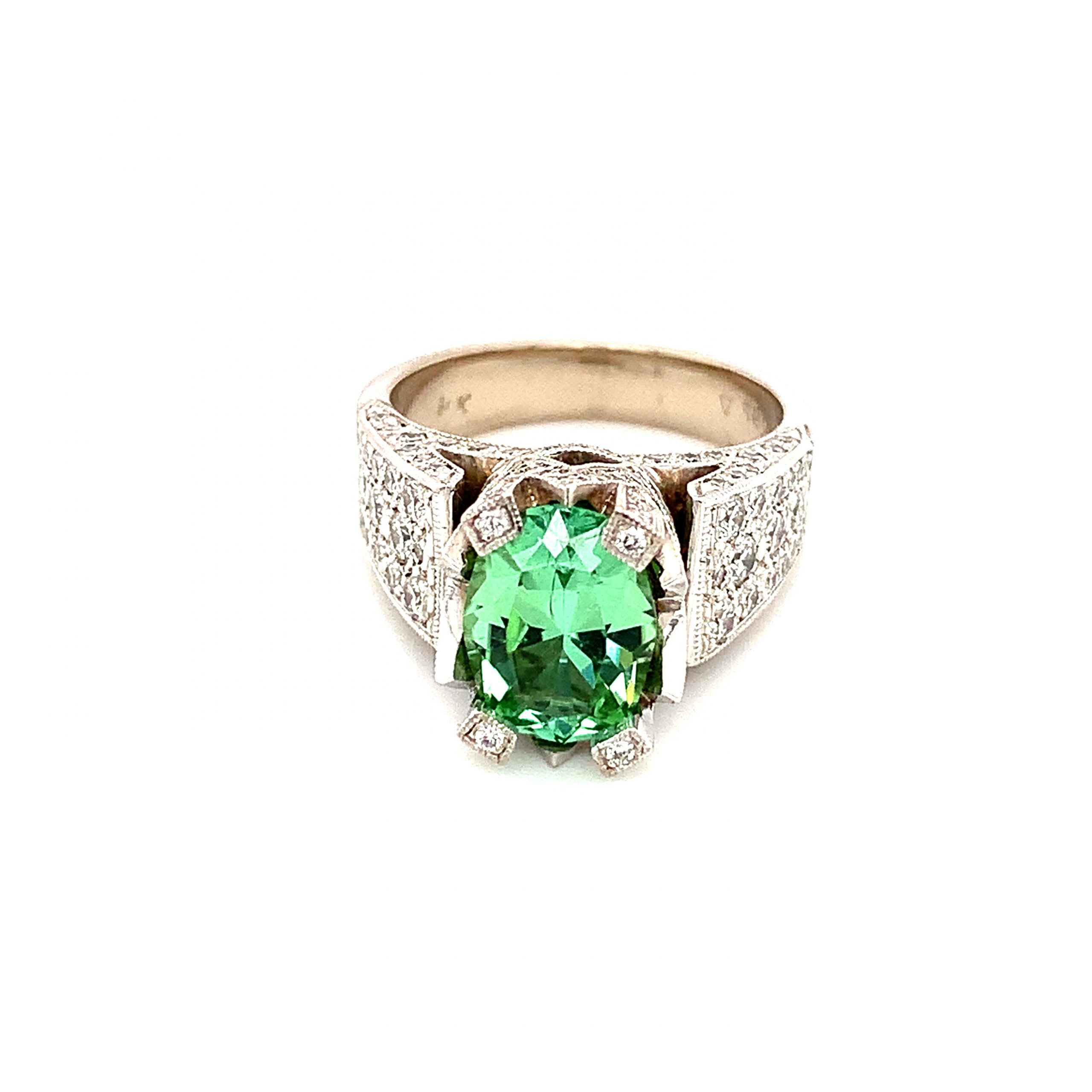 18ct White Gold Diamond and Cushion Cut Green Tourmaline Ring